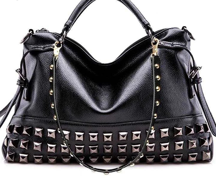 Black handbag with studded details on a white background, featuring the brand 'Sgarr'.