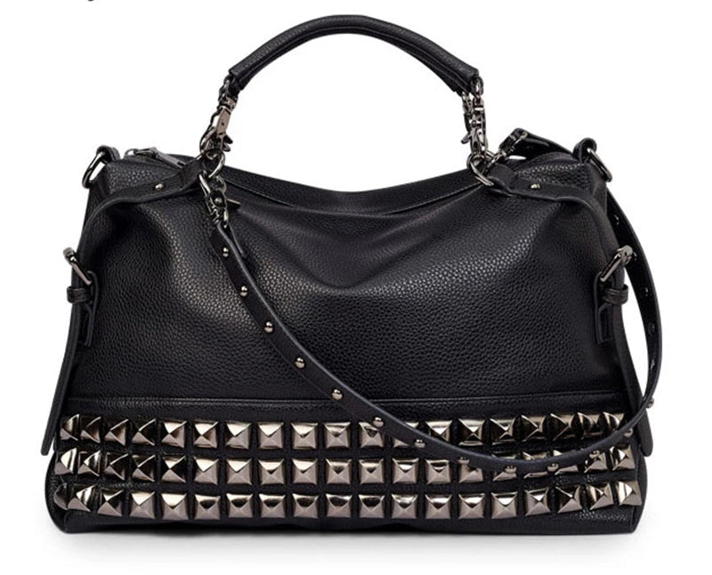 Black handbag with studs on a white background, featuring the brand 'Sgarr'.