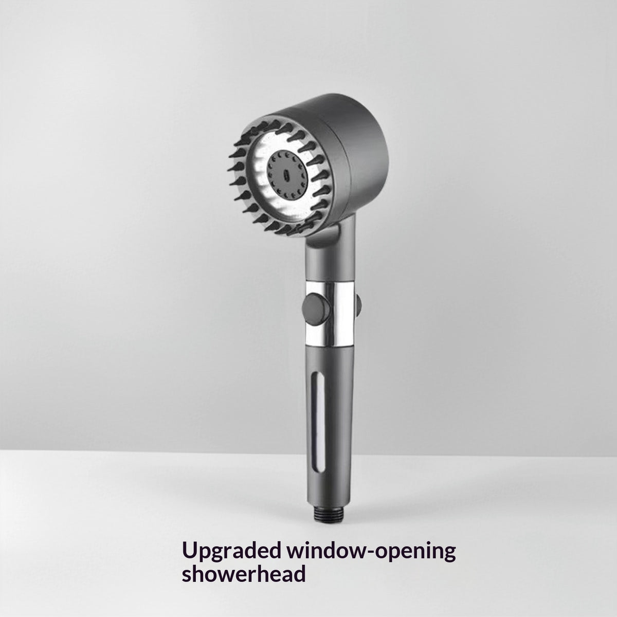 Handheld showerhead with window-opening feature on a gray background