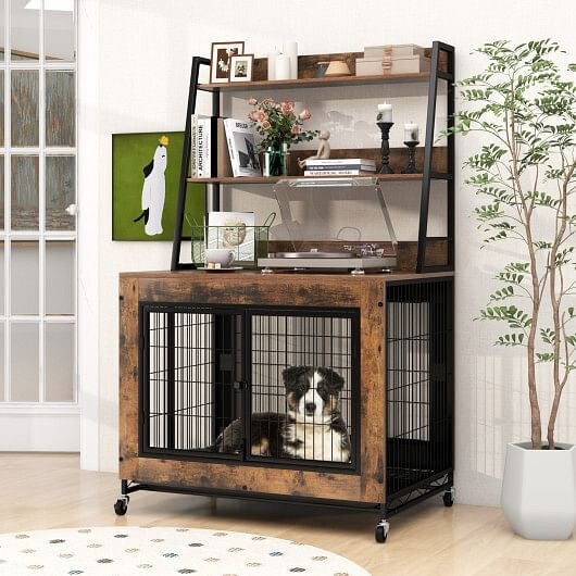 Industrial Dog Kennel Dog Crate Furniture with Storage Shelves-Gray-0