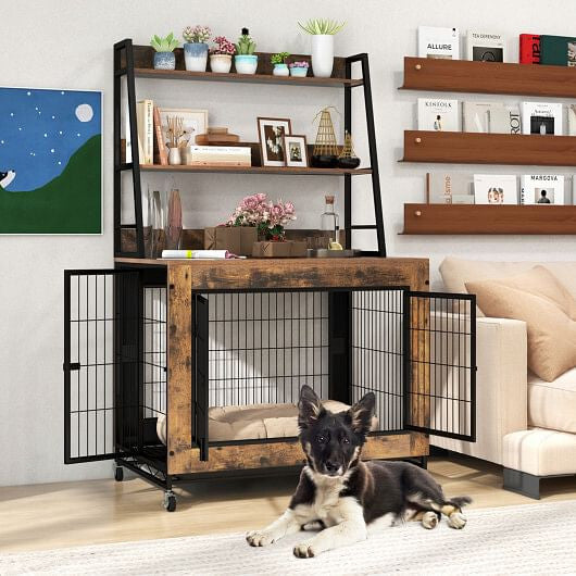 Industrial Dog Kennel Dog Crate Furniture with Storage Shelves-Gray-1