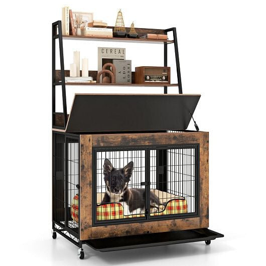 Industrial Dog Kennel Dog Crate Furniture with Storage Shelves-Gray-2