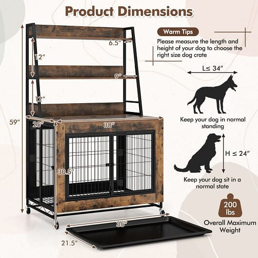 Industrial Dog Kennel Dog Crate Furniture with Storage Shelves-Gray-3