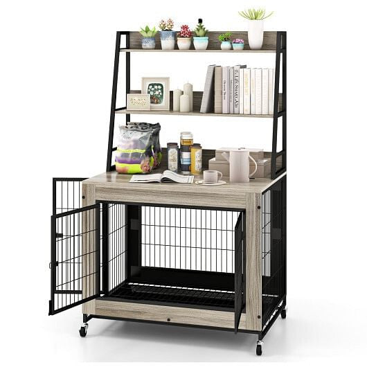 Industrial Dog Kennel Dog Crate Furniture with Storage Shelves-Gray-4