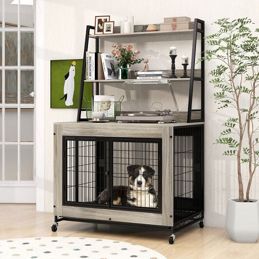 Industrial Dog Kennel Dog Crate Furniture with Storage Shelves-Gray-5