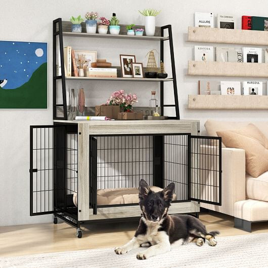 Industrial Dog Kennel Dog Crate Furniture with Storage Shelves-Gray-6
