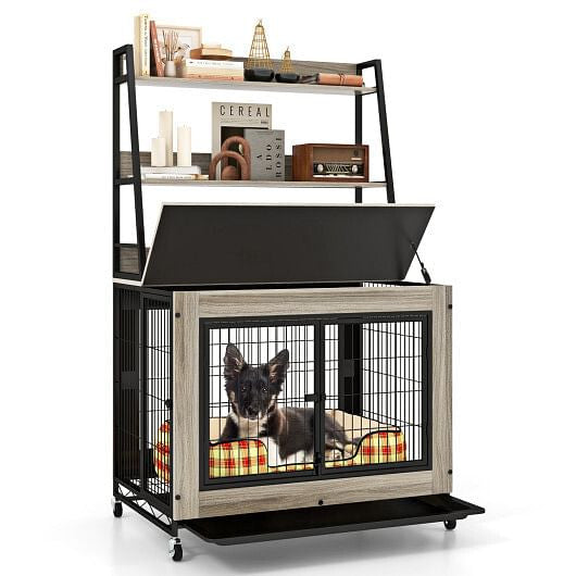 Industrial Dog Kennel Dog Crate Furniture with Storage Shelves-Gray-7