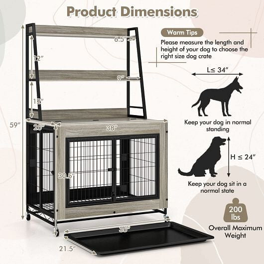 Industrial Dog Kennel Dog Crate Furniture with Storage Shelves-Gray-8
