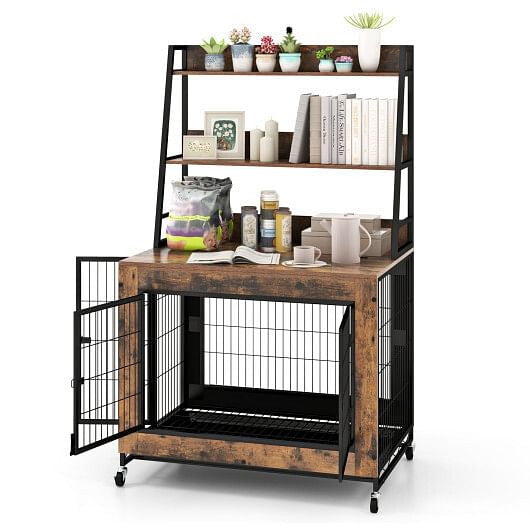 Industrial Dog Kennel Dog Crate Furniture with Storage Shelves-Gray-9