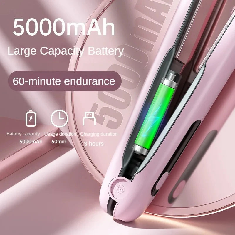 Pink hair straightener with 5000mAh battery capacity and 60-minute endurance on a light pink background.