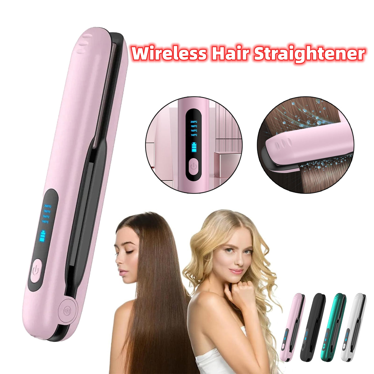 Pink wireless hair straightener shown on a white background with promotional text, circular feature insets, and two women displaying long straightened hair. Smaller alternate color options appear along the bottom right.