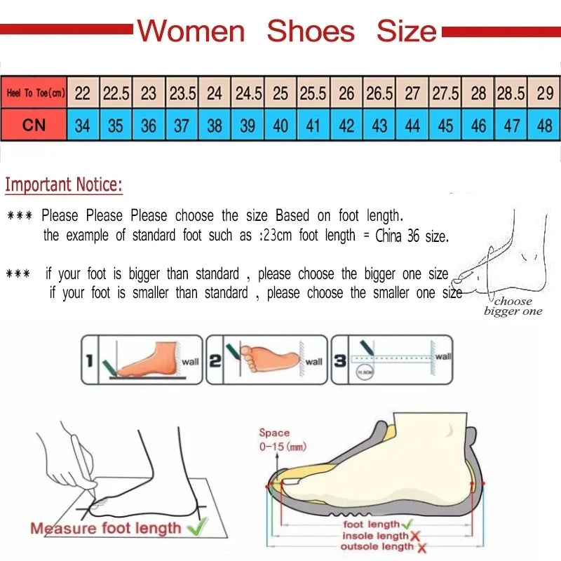 Shoe size chart for women with measurements and illustrations on a white background