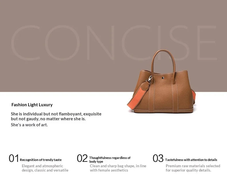 Brown handbag with orange strap on a beige background, featuring text about fashion and luxury.