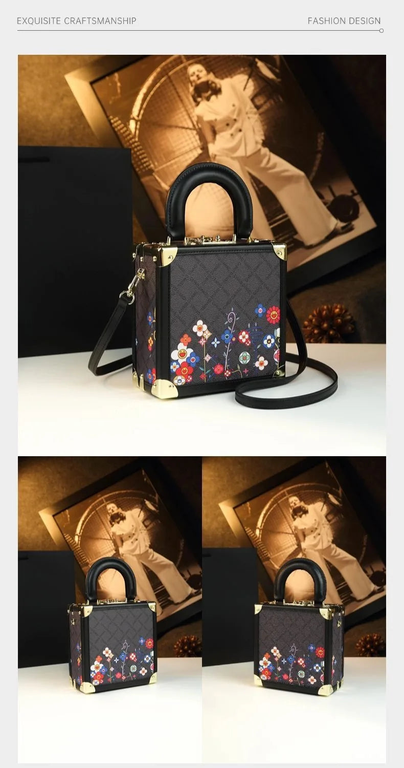 A structured black handbag with a quilted pattern, colorful floral embroidery on the front, gold-tone hardware, and a top handle, shown in a collage layout with a warm vintage-style background.