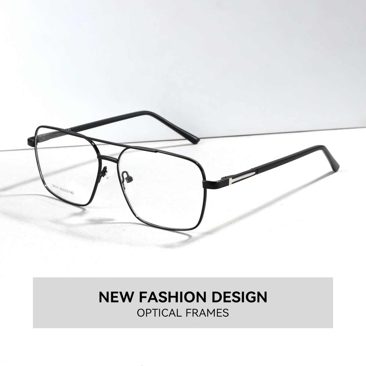 Black metal rectangular eyeglasses frames with clear lenses, displayed on a white surface with a text banner at the bottom reading 'NEW FASHION DESIGN OPTICAL FRAME'.