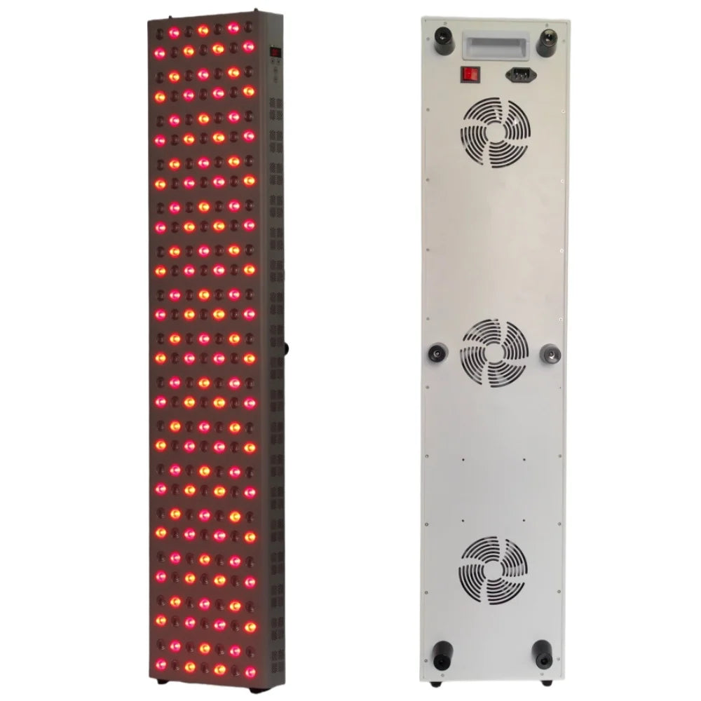 Tall rectangular device with LED lights on one side and fans on the other, on a white background.