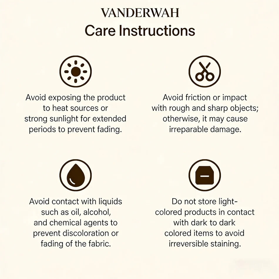 Vanderwah care instructions with icons and text on a white background