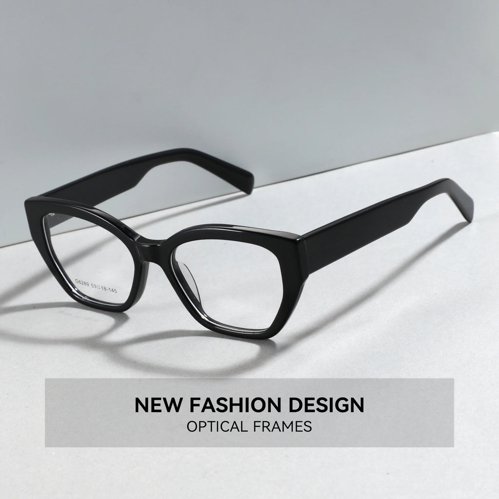 Black optical frames on a light gray surface with 'NEW FASHION DESIGN' text.