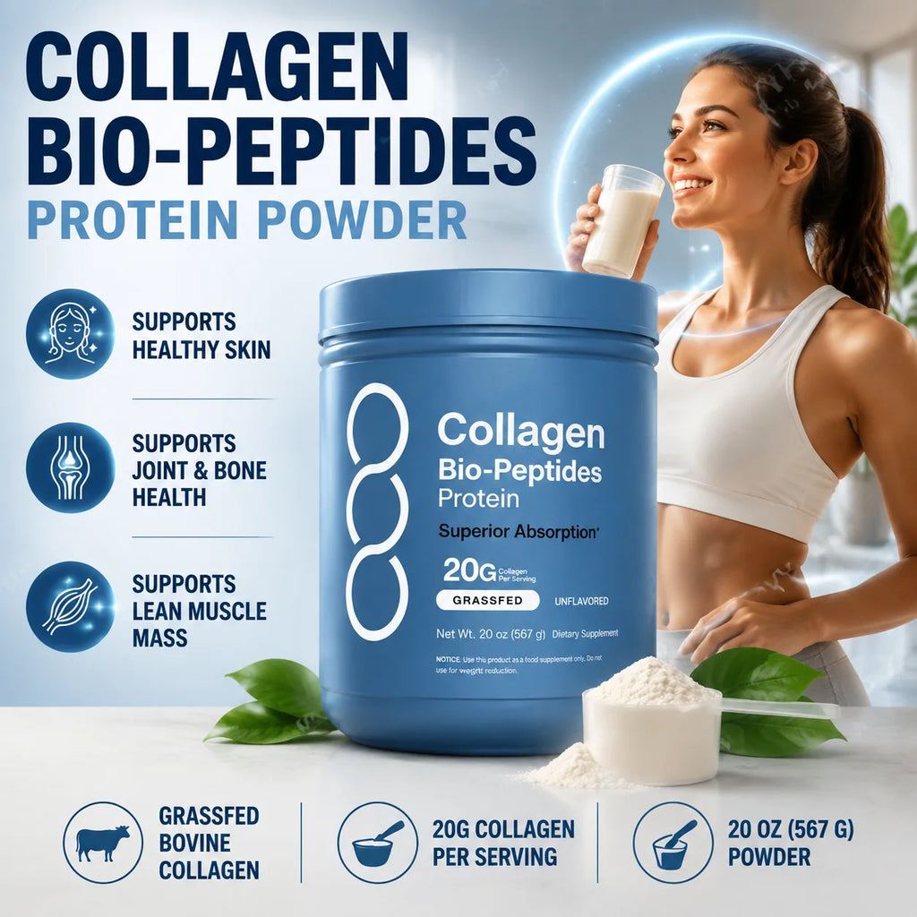 A blue tub of Collagen Bio-Peptides Protein Powder is shown on a white studio-style background with a woman holding a glass of milk, plus text callouts about health benefits and serving size.