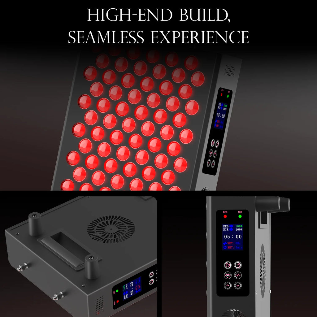 High-end LED light panel with control panel and text 'HIGH-END BUILD, SEAMLESS EXPERIENCE' on a dark background.