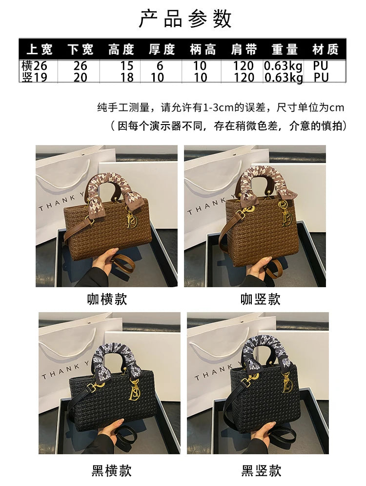 Product specifications table and images of handbags in different colors and orientations.