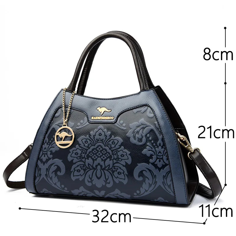 Blue handbag with floral pattern and measurements on a white background