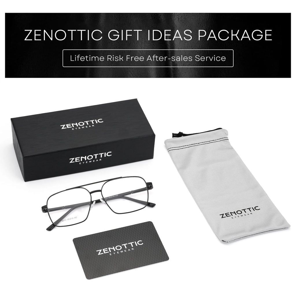 Zenottic eyeglasses with packaging, case, and card on a white background