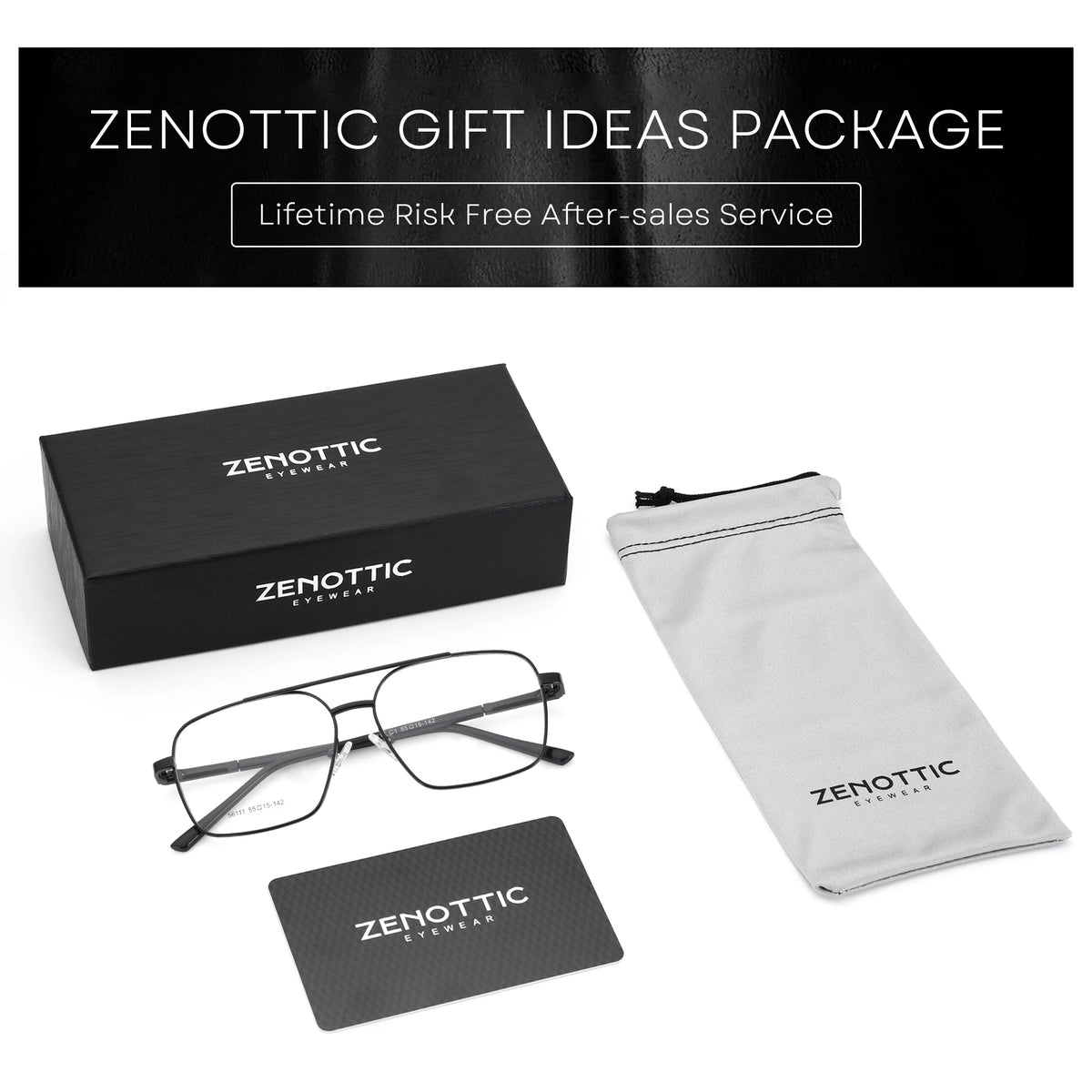 Zenottic eyeglasses with packaging, case, and card on a white background