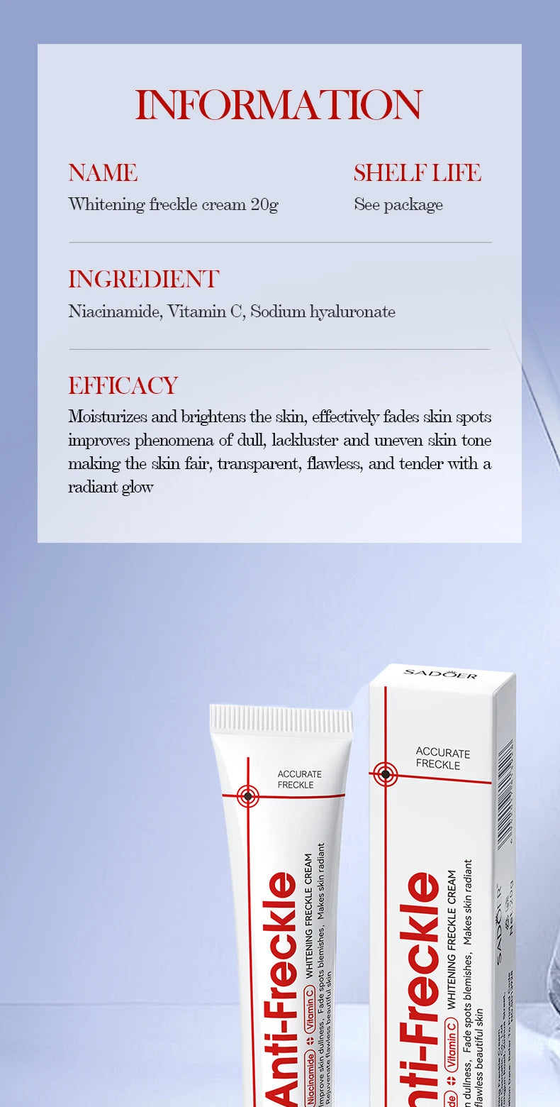 Anti-Freckle cream tube and packaging box shown below an information card with product details such as name, shelf life, ingredient, and efficacy.