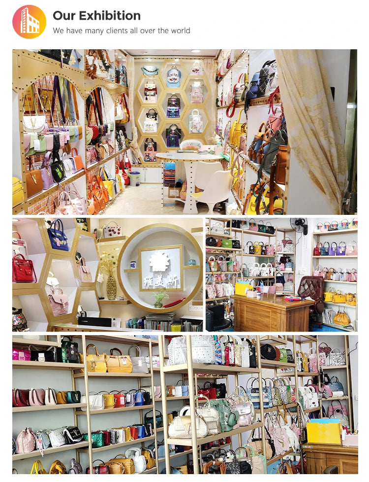 Collage of various handbags displayed in a store setting.