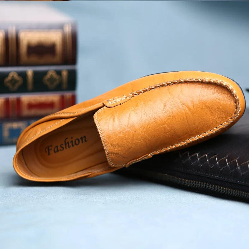 Brown leather shoe with 'Fashion' branding on a light blue background