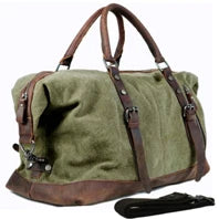 Green duffel bag with brown leather straps and trim on a white background