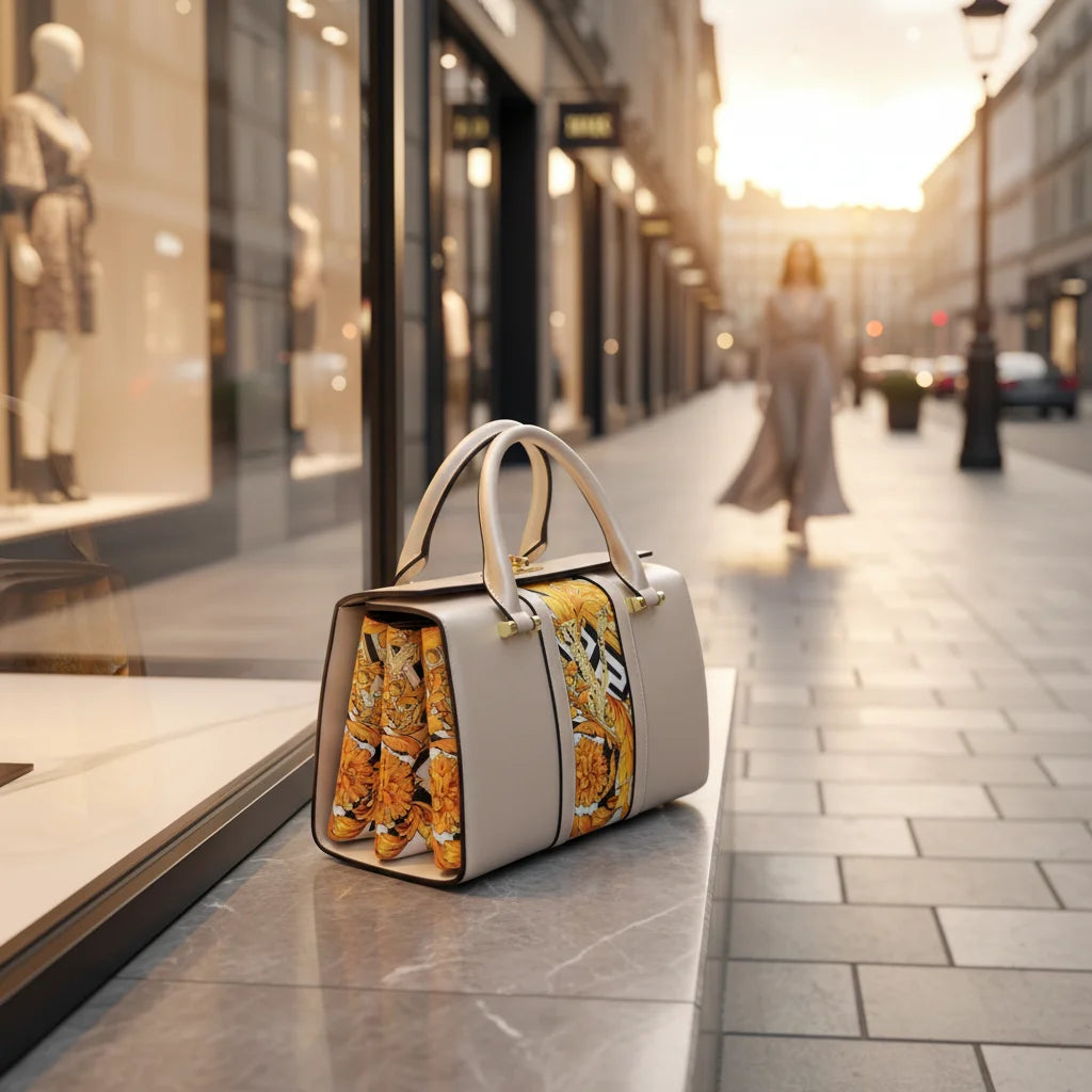A structured handbag in light beige leather with a colorful yellow, orange, and black patterned scarf draped over the front, resting on a stone ledge outside a storefront on a city street at sunset.
