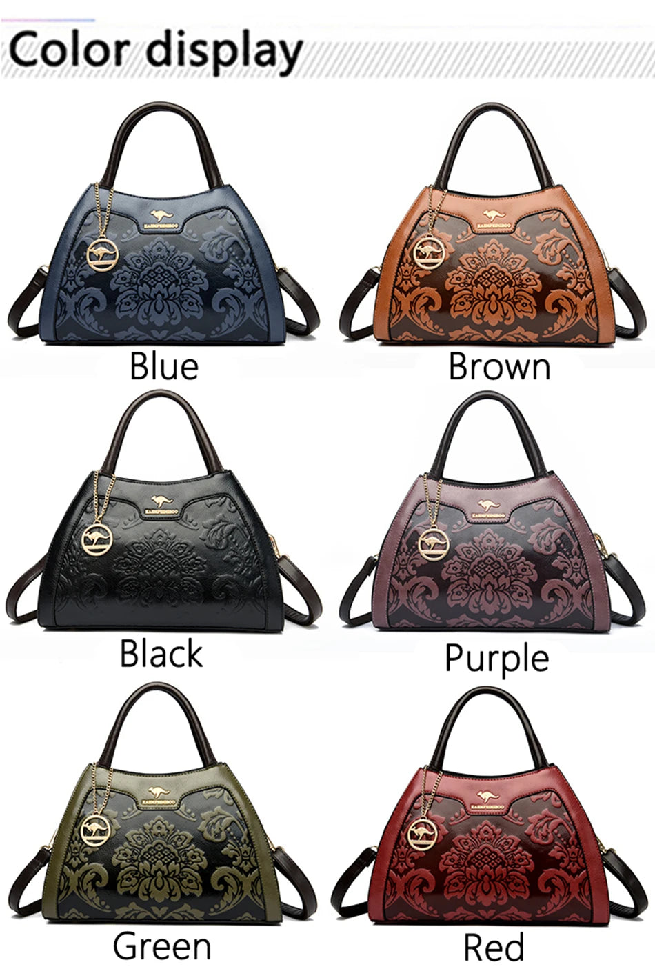 Six handbags in different colors displayed against a white background.