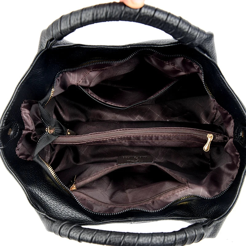 Women's Genuine Leather Bucket Bag with Crossbody Strap