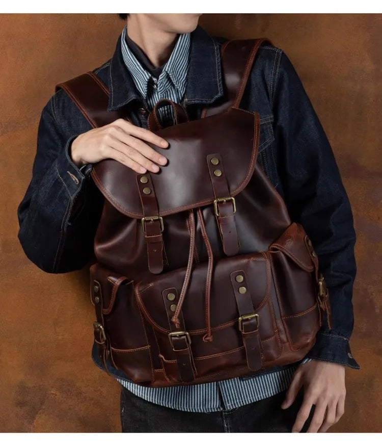 Retro crazy horse leather backpack men's large capacity travel bag fashion trend genuine leather backpack