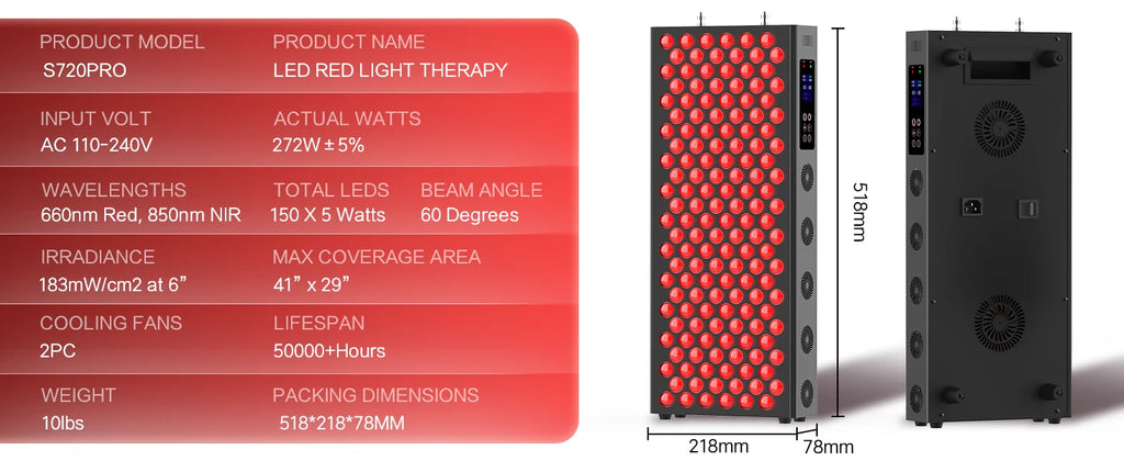 LED red light therapy device with specifications and dimensions on a red background