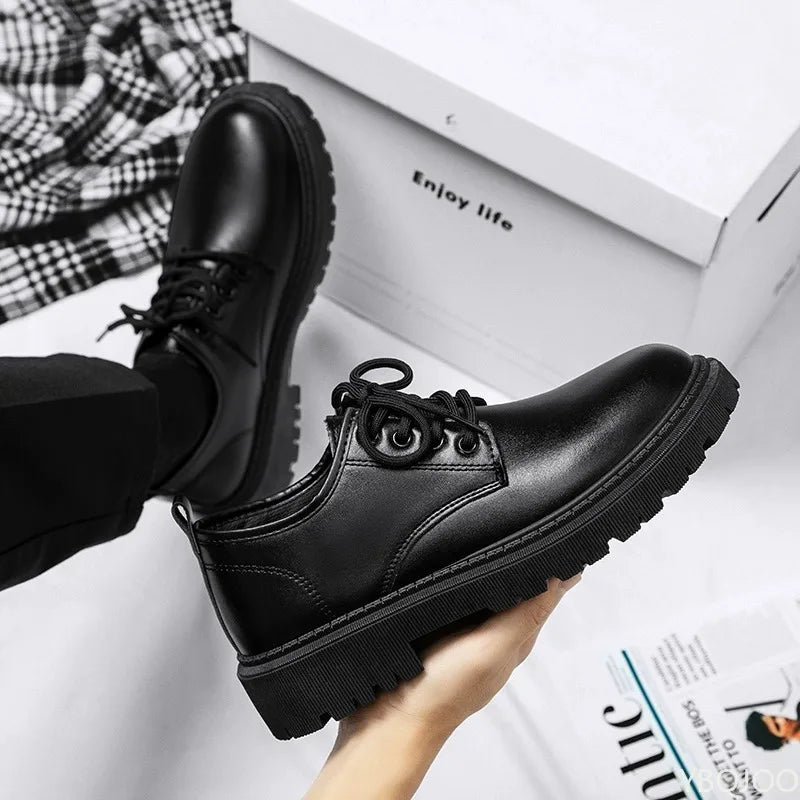 Black leather shoes being worn with a checkered fabric and 'Enjoy life' text in the background