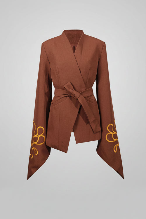 Brown jacket with gold embroidery on a white background