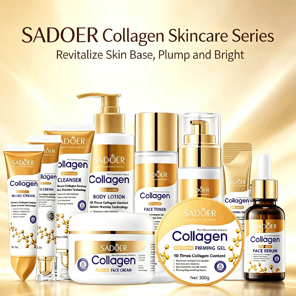 A collection of SADOER Collagen Skincare Series products arranged on a golden gradient background with promotional text at the top. The products include face cream, body lotion, face toner, face serum, and other skincare items in white, gold, and amber packaging.