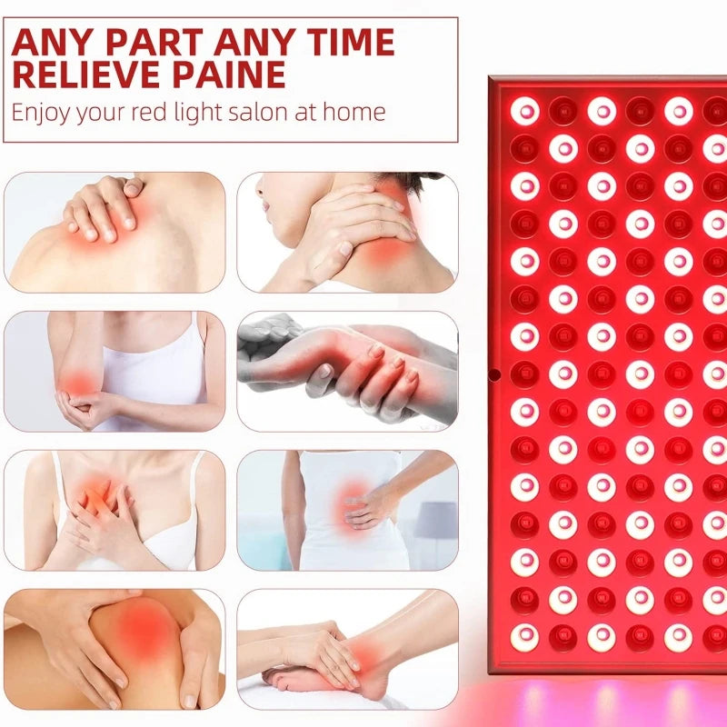 Red light therapy panel with pain relief images and text.