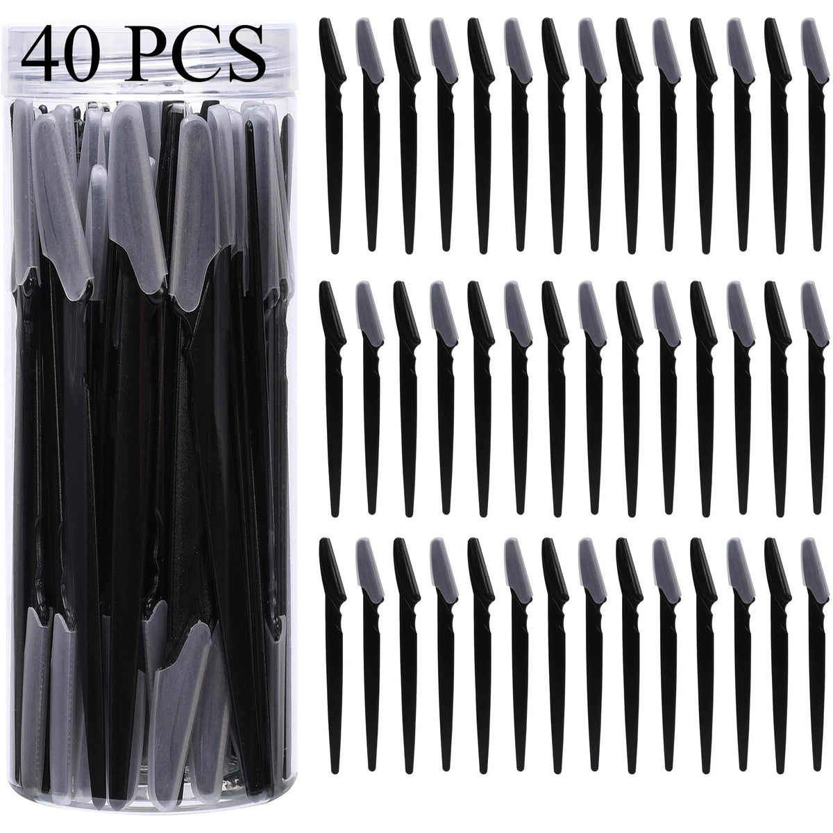 Set of black and gray eyelash extensions with a clear container.
