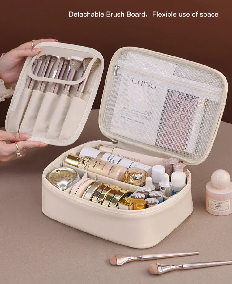Makeup organizer with brushes, products, and a detachable brush board on a brown background.