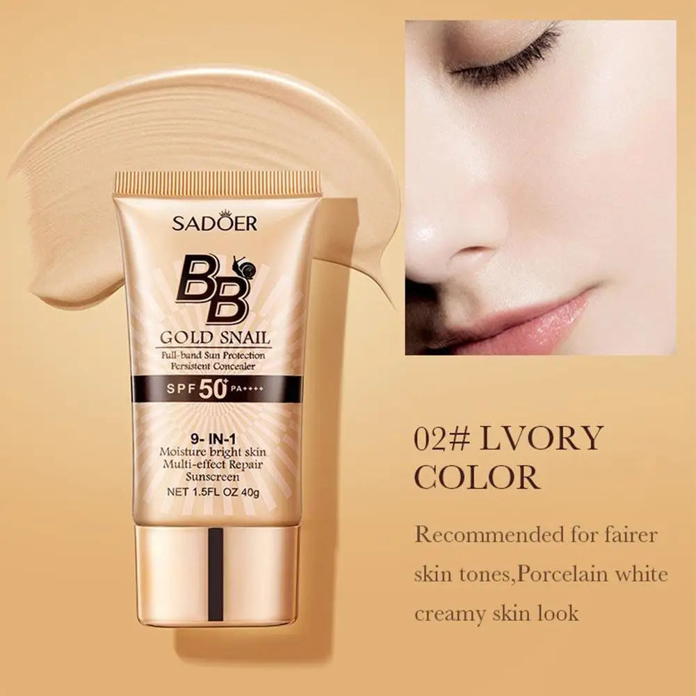 Sadoer BB Gold Snail cream with a close-up of a person's face on a beige background