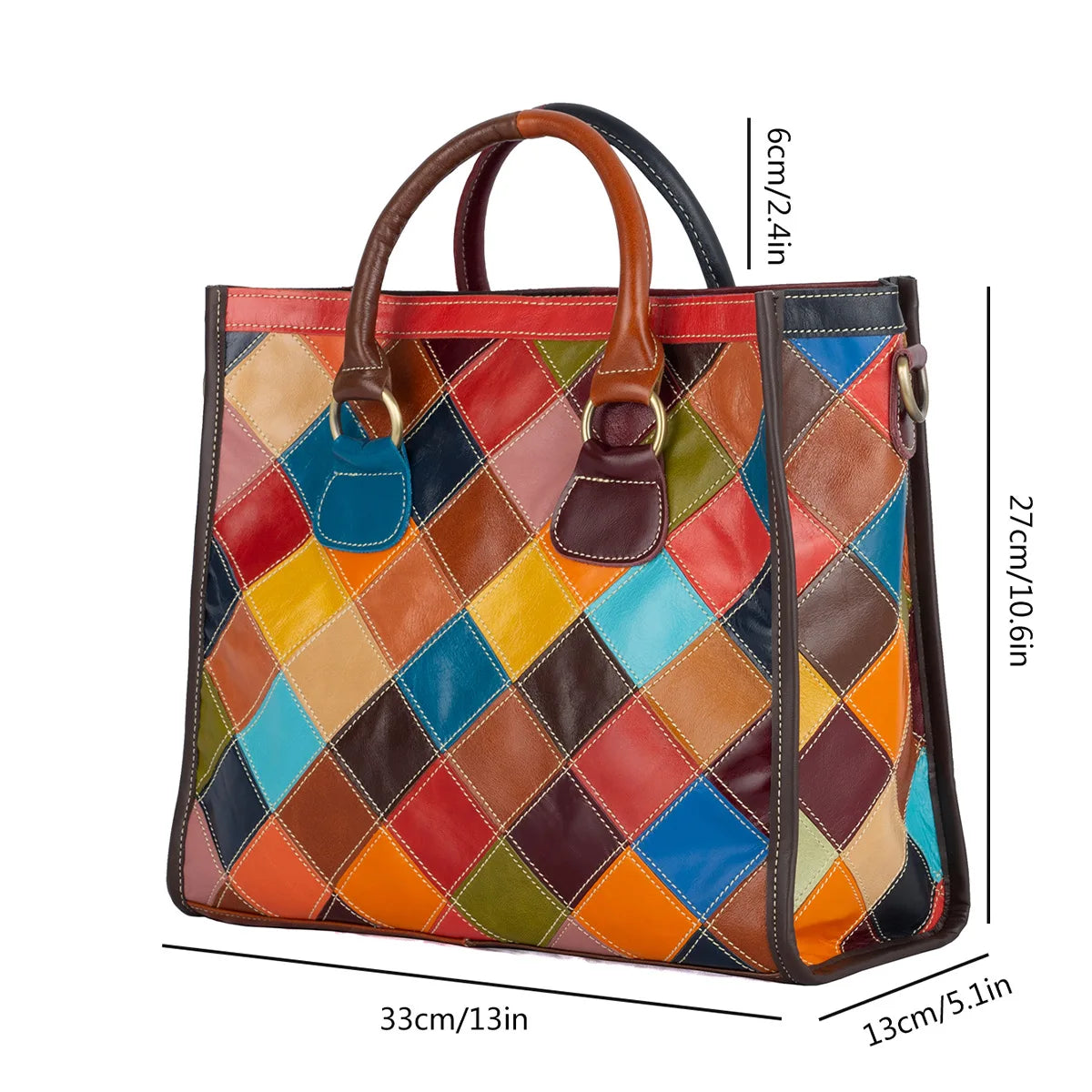 Colorful patchwork handbag with measurements on a white background