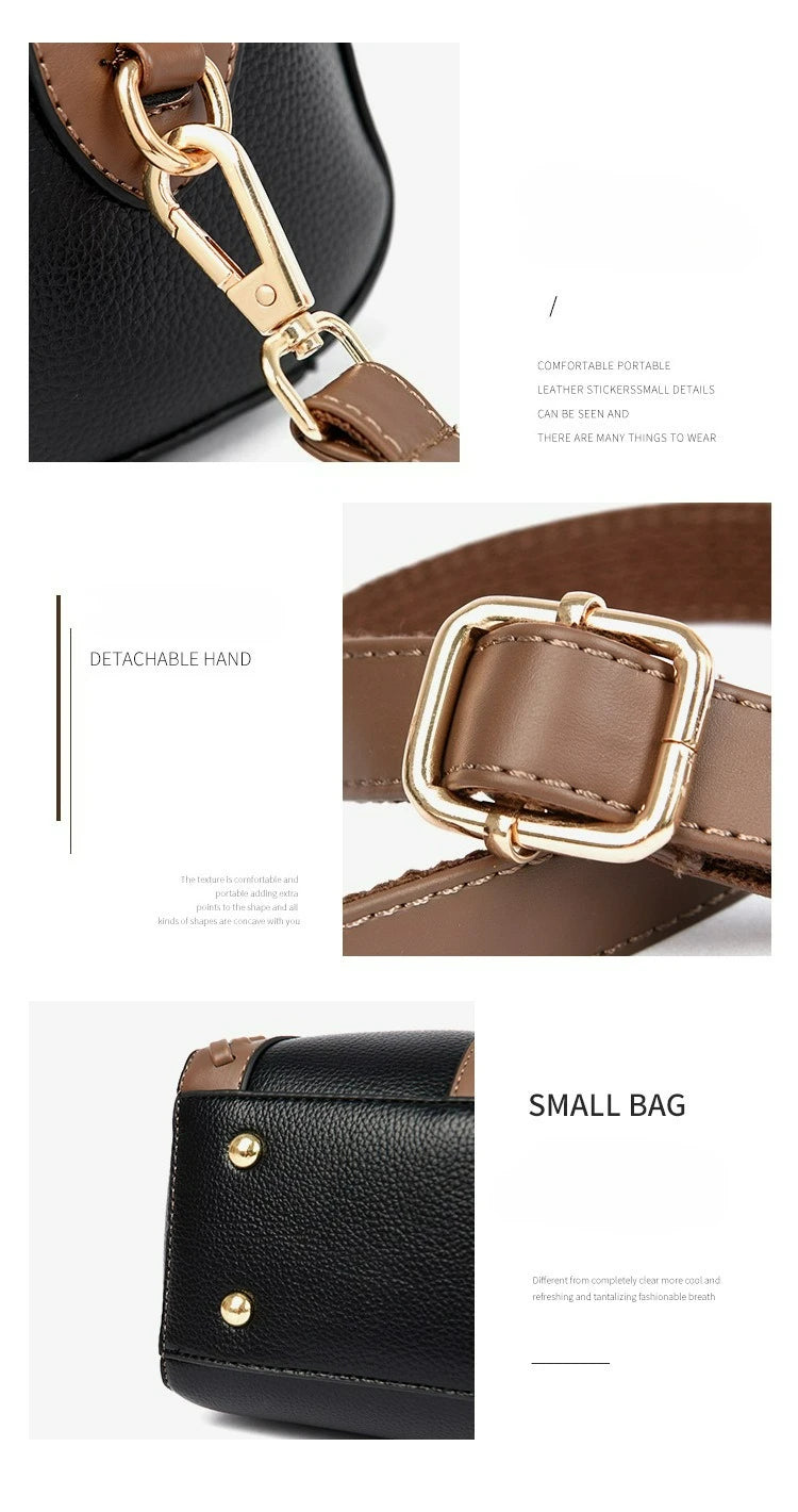 A product collage showing a black pebbled leather handbag with brown leather strap details and gold-tone hardware. The panels highlight a detachable hand, the strap buckle, and the bag labeled 'SMALL BAG'.