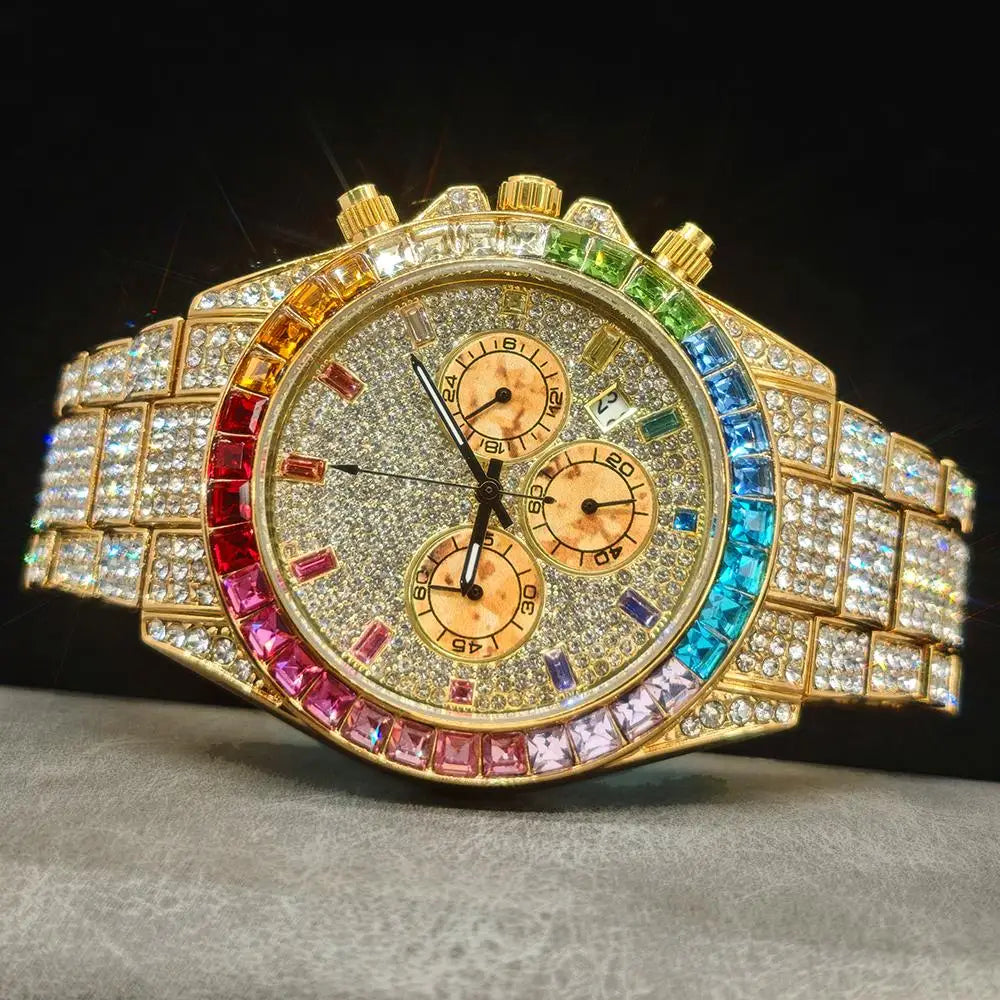 Luxury watch with colorful gemstones on a dark background