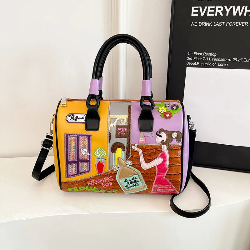 Colorful handbag with artistic design on a white surface