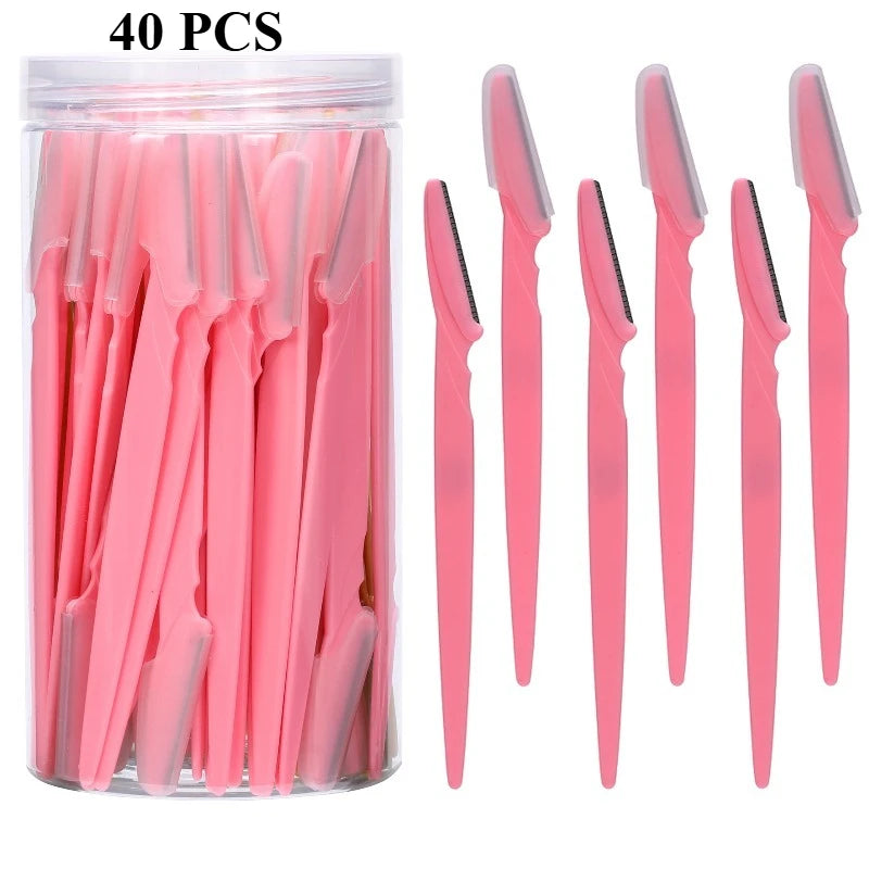 40 pink facial razors in a clear container on a white background