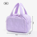 Purple handbag with measurements on a white background